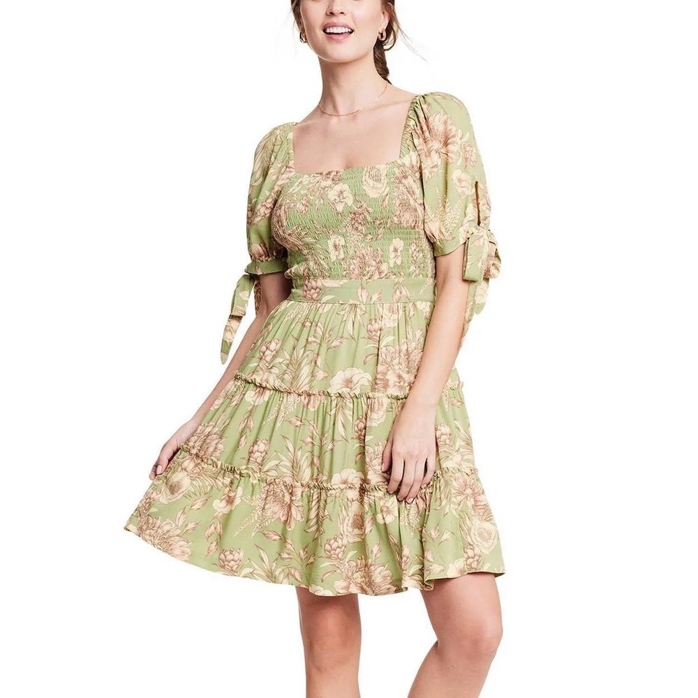 Agua Bendita Women XS Green‎ Floral Smocked Tiered Mini Boho Puff